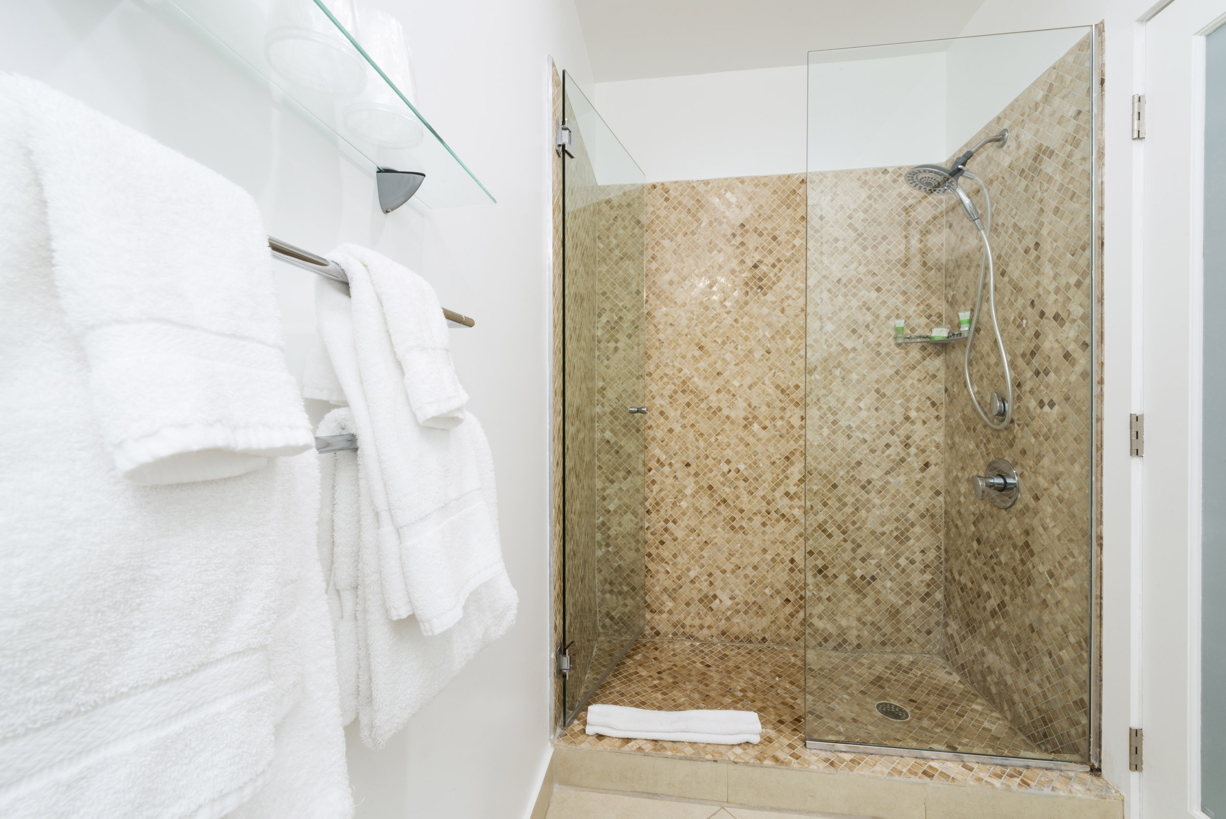 A clean bathroom shower with a glass door, tiled walls, and a rainfall showerhead.