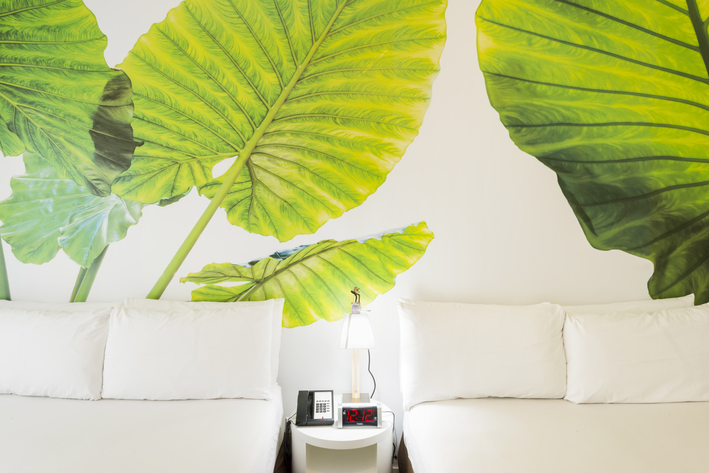 A hotel room with two beds, a tropical leaf wallpaper, and a small table with a phone and alarm clock.